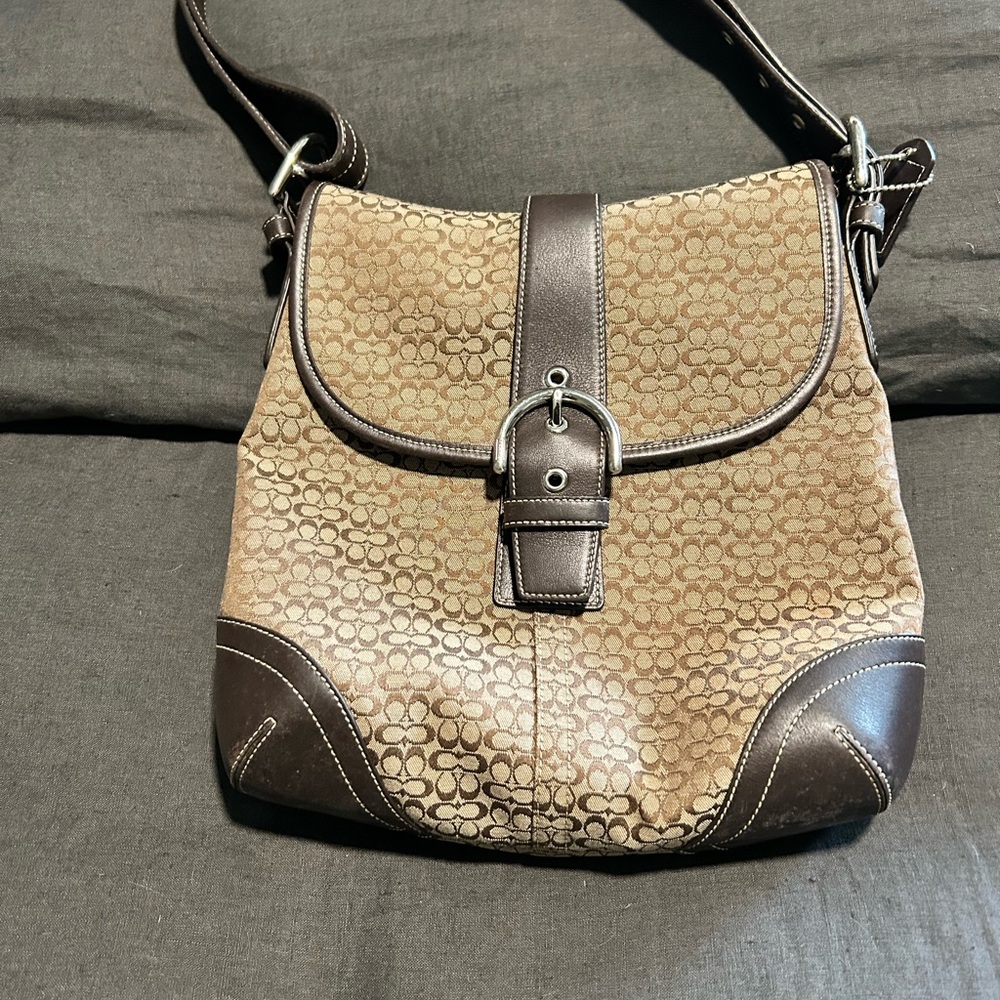 Coach Vintage Brown Signature logo Bag with Leather Trim and Adjustable Strap